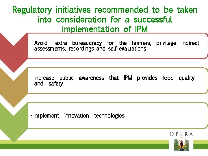 Regulatory initiatives recommended to be taken into consideration for a successful implementation of IPM