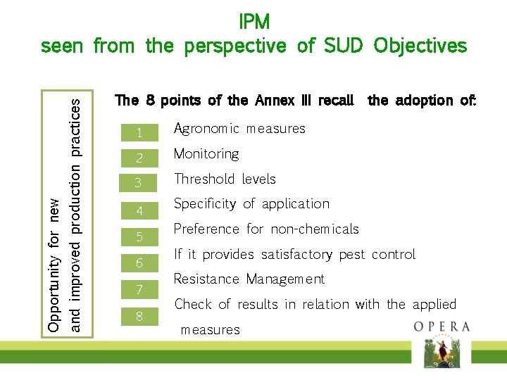 and improved production practices Opportunity for new IPM seen from the perspective of SUD