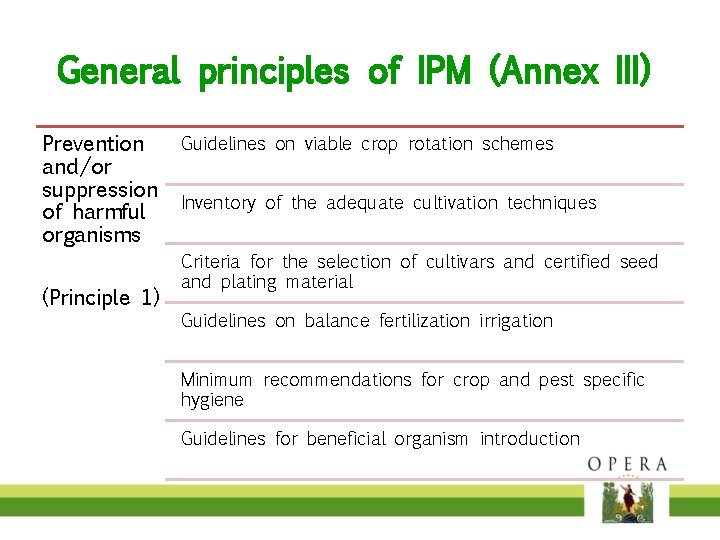 General principles of IPM (Annex III) Prevention and/or suppression of harmful organisms (Principle 1)