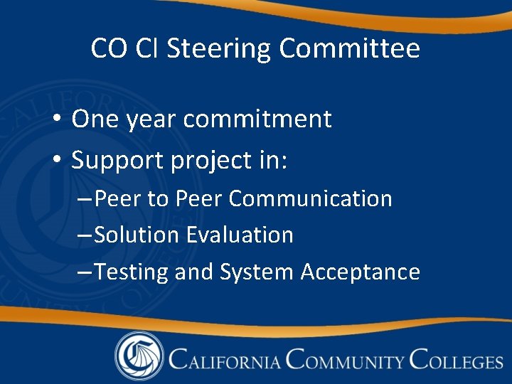 CO CI Steering Committee • One year commitment • Support project in: – Peer