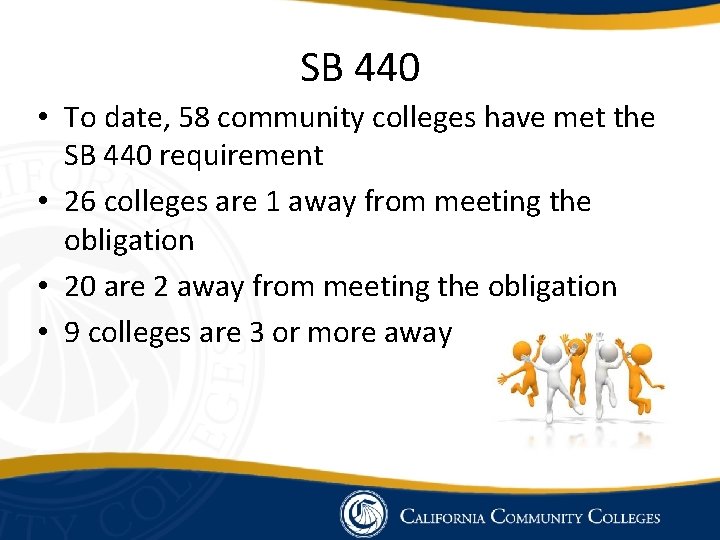 SB 440 • To date, 58 community colleges have met the SB 440 requirement