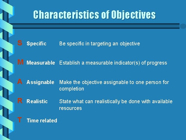 Characteristics of Objectives S Specific M Measurable Establish a measurable indicator(s) of progress A