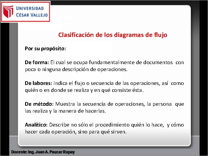 Clasificación de los diagramas de flujo Por su propósito: De forma: El cual Clasificación de los diagramas de flujo Por su propósito: De forma: El cual