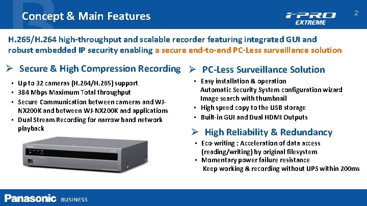 Concept & Main Features 2 H. 265/H. 264 high-throughput and scalable recorder featuring integrated