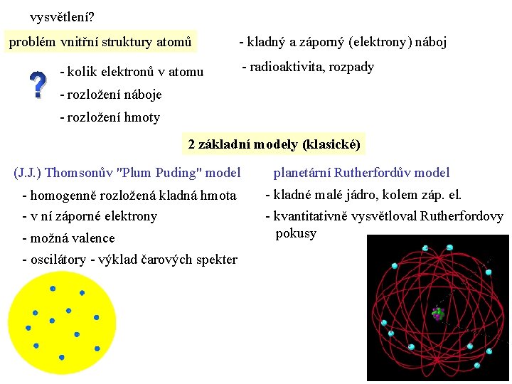 vysvětlení? problém vnitřní struktury atomů - kladný a záporný (elektrony) náboj - kolik elektronů