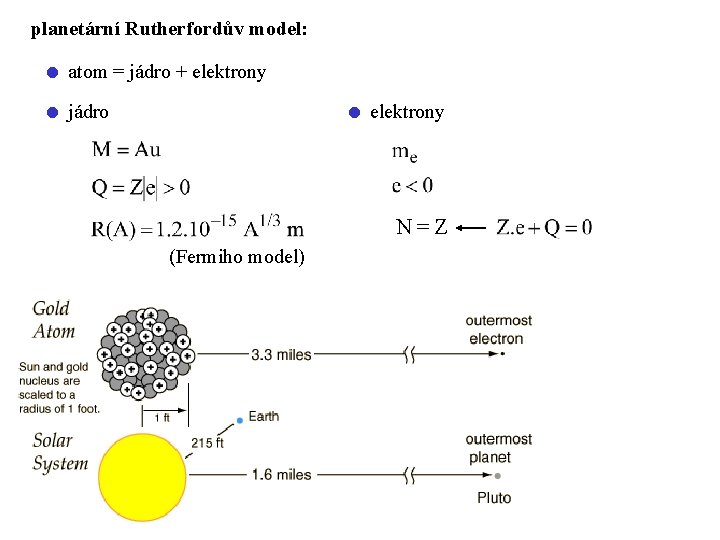 planetární Rutherfordův model: atom = jádro + elektrony jádro elektrony N=Z (Fermiho model) 