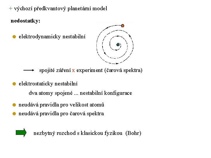 + výchozí předkvantový planetární model nedostatky: elektrodynamicky nestabilní spojité záření x experiment (čarová spektra)