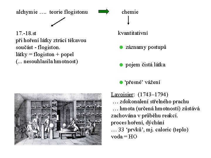 alchymie …. teorie flogistonu 17. -18. st při hoření látky ztrácí těkavou součást -