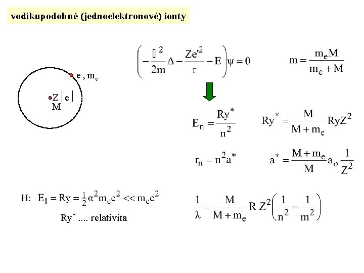 vodíkupodobné (jednoelektronové) ionty e-, me Z e M H: Ry*. . relativita 