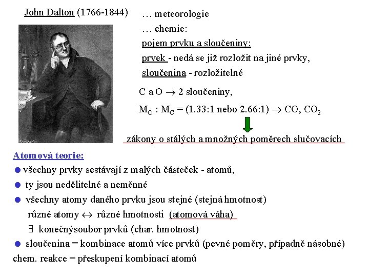 John Dalton (1766 -1844) … meteorologie … chemie: pojem prvku a sloučeniny: prvek -