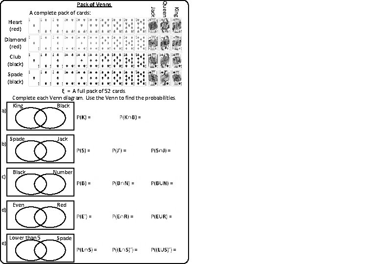 King Queen Jack Pack of Venns A complete pack of cards: Heart (red) Diamond