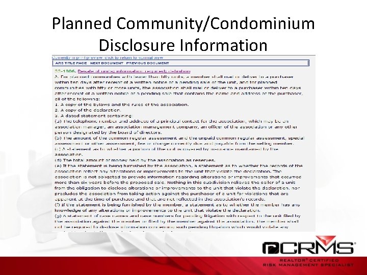 Planned Community/Condominium Disclosure Information 