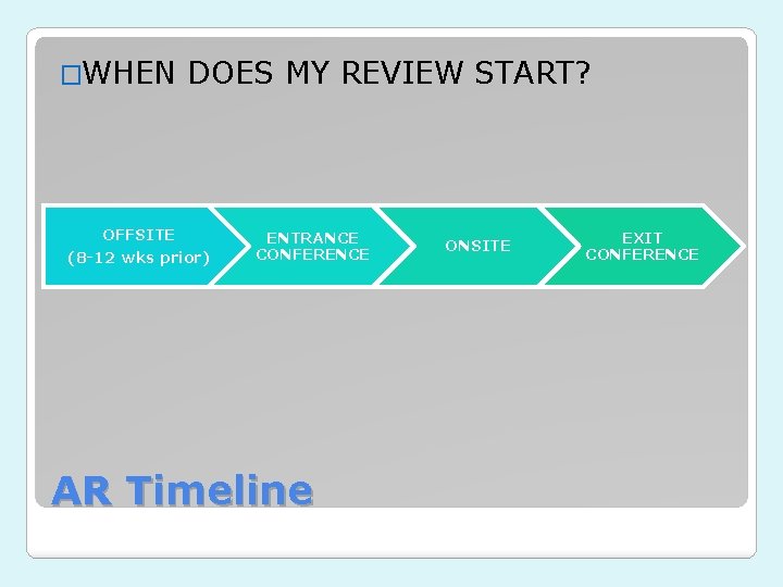 �WHEN DOES MY REVIEW START? OFFSITE (8 -12 wks prior) ENTRANCE CONFERENCE AR Timeline �WHEN DOES MY REVIEW START? OFFSITE (8 -12 wks prior) ENTRANCE CONFERENCE AR Timeline