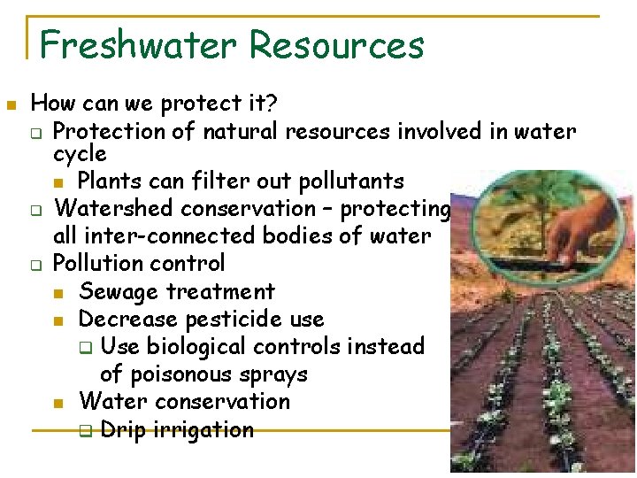 Freshwater Resources n How can we protect it? q Protection of natural resources involved