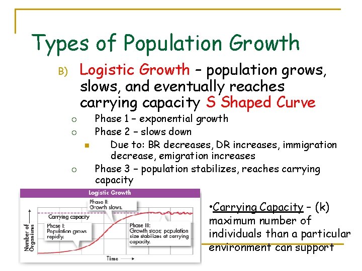 Types of Population Growth Logistic Growth – population grows, slows, and eventually reaches carrying