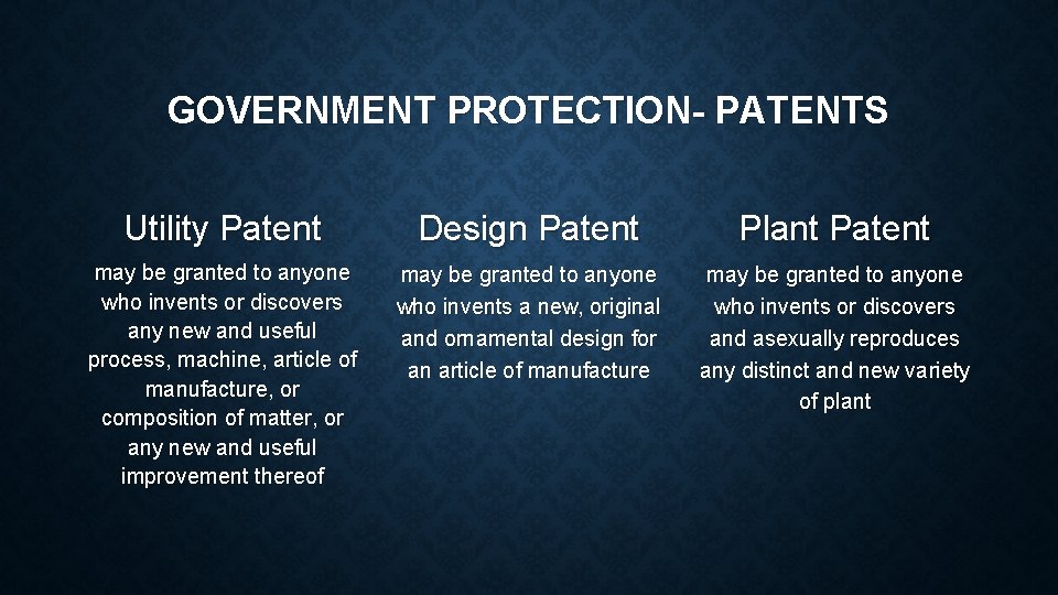 GOVERNMENT PROTECTION- PATENTS Utility Patent Design Patent Plant Patent may be granted to anyone