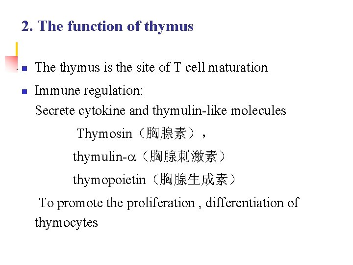 2. The function of thymus n n The thymus is the site of T