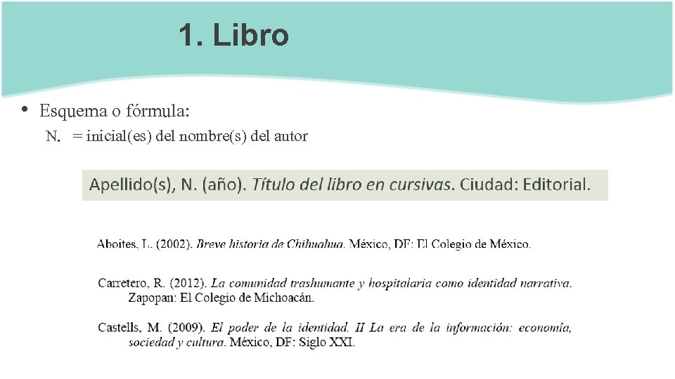 1. Libro • Esquema o fórmula: N. = inicial(es) del nombre(s) del autor 