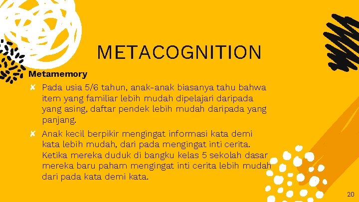 METACOGNITION Metamemory ✘ Pada usia 5/6 tahun, anak-anak biasanya tahu bahwa item yang familiar