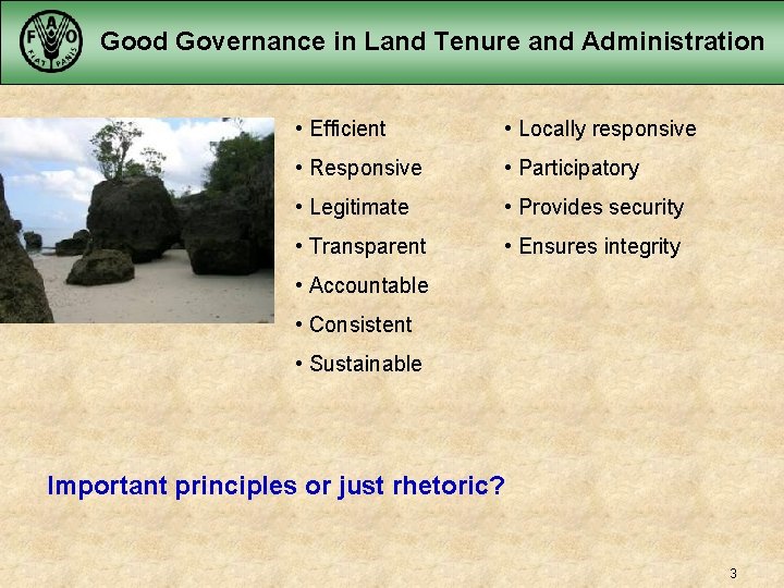 Good Governance in Land Tenure and Administration • Efficient • Locally responsive • Responsive