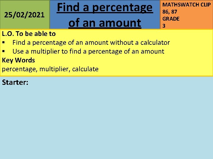 25/02/2021 Find a percentage of an amount MATHSWATCH CLIP 86, 87 GRADE 3 L.