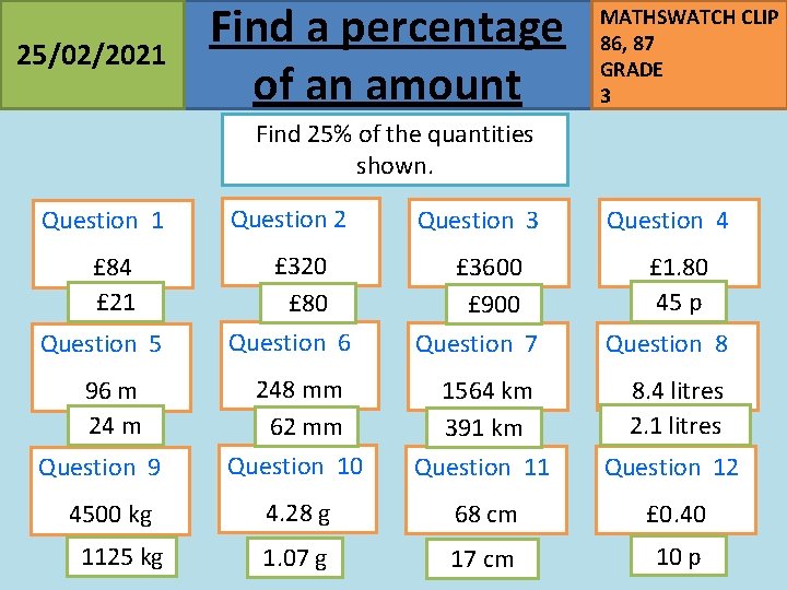 25/02/2021 Find a percentage of an amount MATHSWATCH CLIP 86, 87 GRADE 3 Find