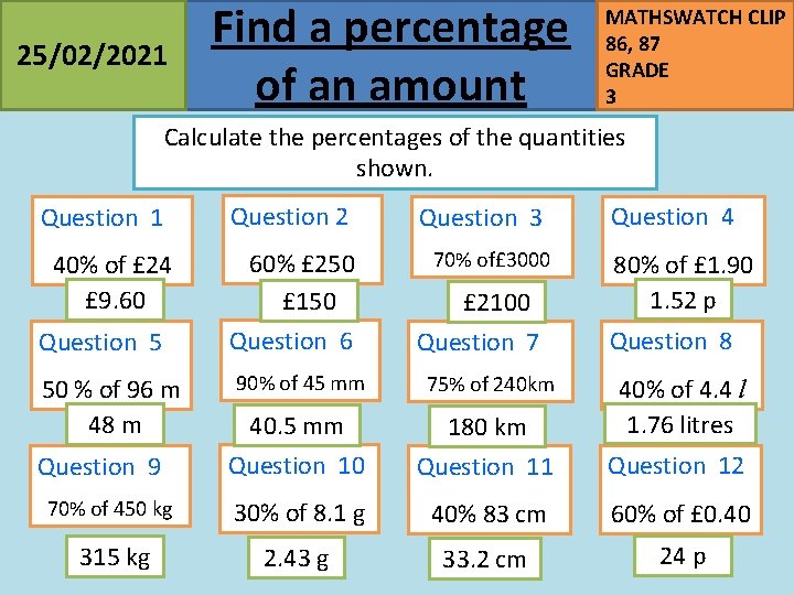 25/02/2021 Find a percentage of an amount MATHSWATCH CLIP 86, 87 GRADE 3 Calculate