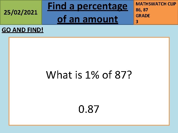 25/02/2021 Find a percentage of an amount GO AND FIND! What is 1% of