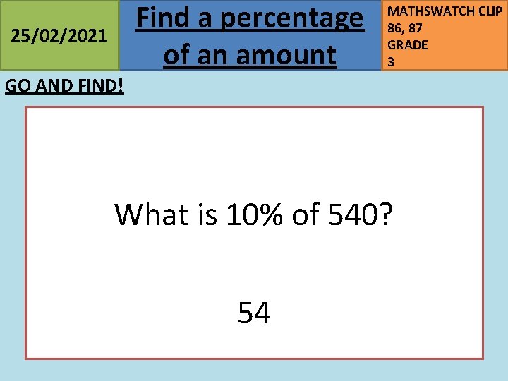 Find a percentage of an amount 25/02/2021 MATHSWATCH CLIP 86, 87 GRADE 3 GO