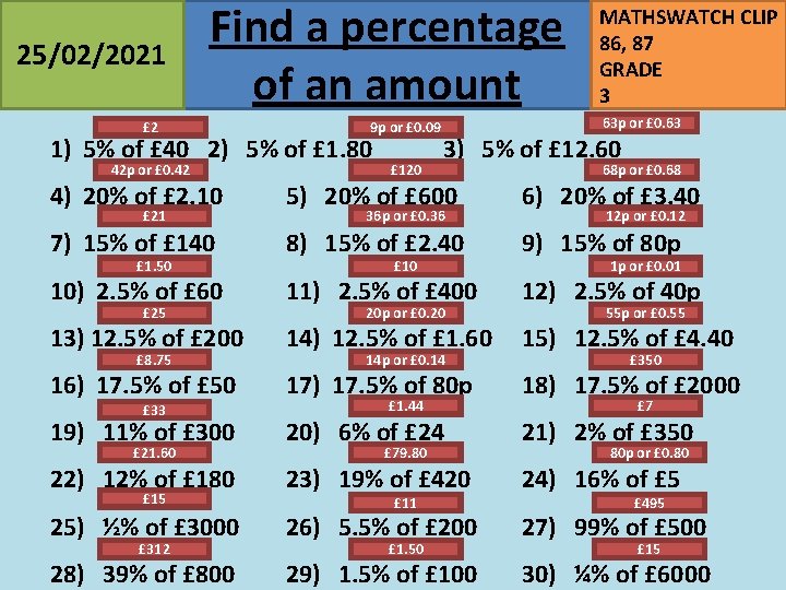25/02/2021 Find a percentage of an amount £ 2 9 p or £ 0.