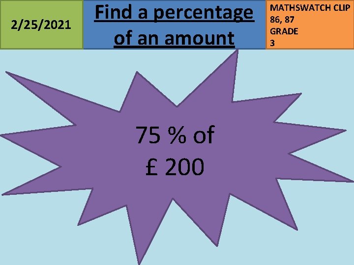 2/25/2021 Find a percentage of an amount 75 % of £ 200 MATHSWATCH CLIP