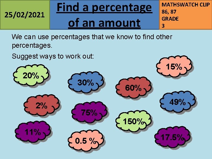 25/02/2021 Find a percentage of an amount MATHSWATCH CLIP 86, 87 GRADE 3 We
