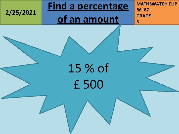 2/25/2021 Find a percentage of an amount 15 % of £ 500 MATHSWATCH CLIP