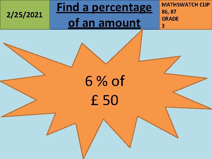 2/25/2021 Find a percentage of an amount 6 % of £ 50 MATHSWATCH CLIP