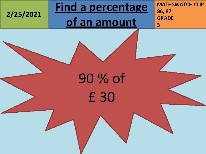 2/25/2021 Find a percentage of an amount 90 % of £ 30 MATHSWATCH CLIP