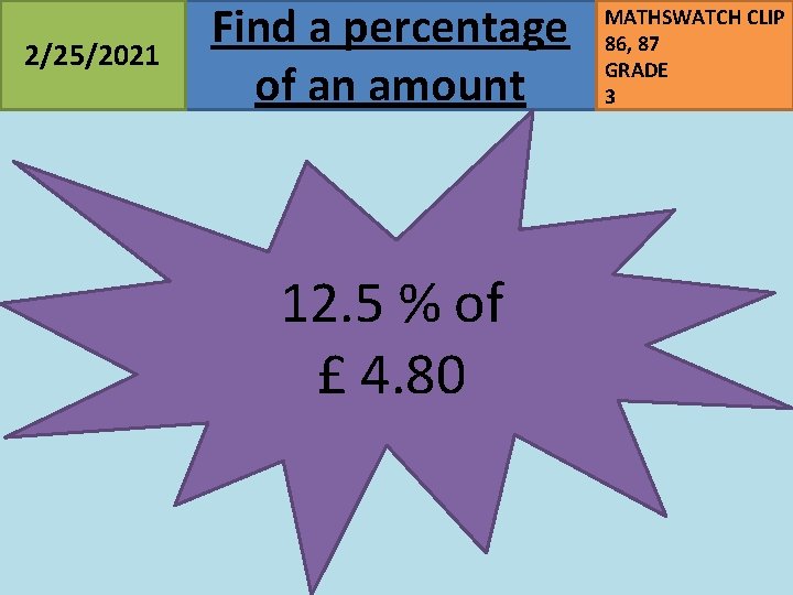2/25/2021 Find a percentage of an amount 12. 5 % of £ 4. 80