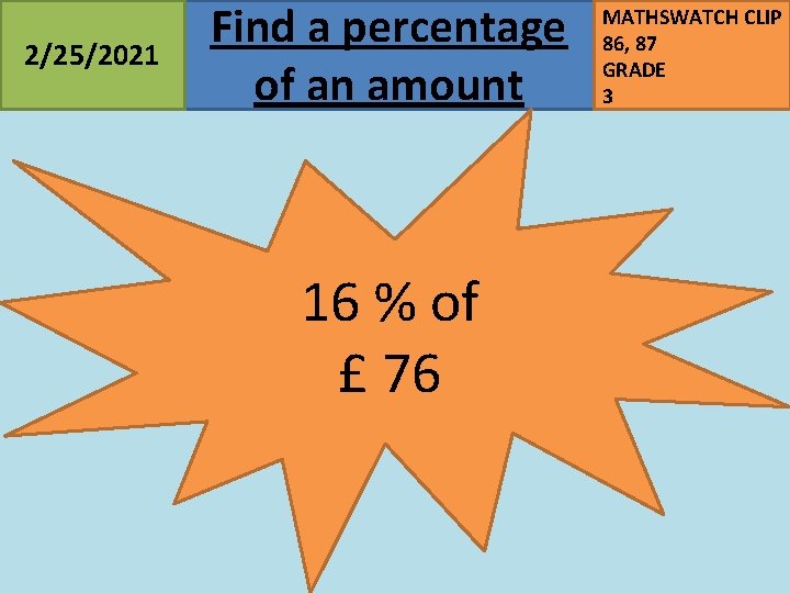 2/25/2021 Find a percentage of an amount 16 % of £ 76 MATHSWATCH CLIP