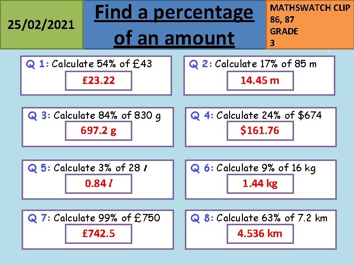 25/02/2021 Find a percentage of an amount Q 1: Calculate 54% of £ 43