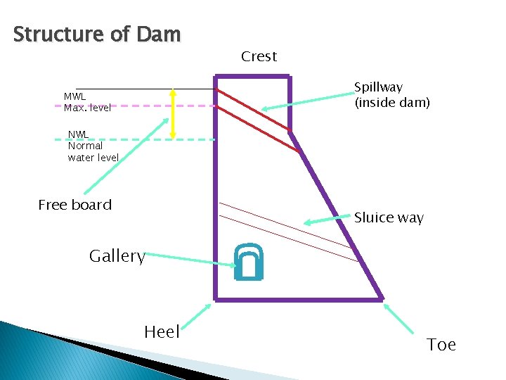 Structure of Dam Upstream Crest Down stream Spillway (inside dam) MWL Max. level NWL