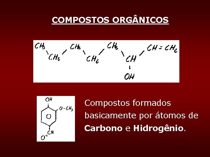 COMPOSTOS ORG NICOS Compostos formados basicamente por átomos de Carbono e Hidrogênio. COMPOSTOS ORG NICOS Compostos formados basicamente por átomos de Carbono e Hidrogênio.