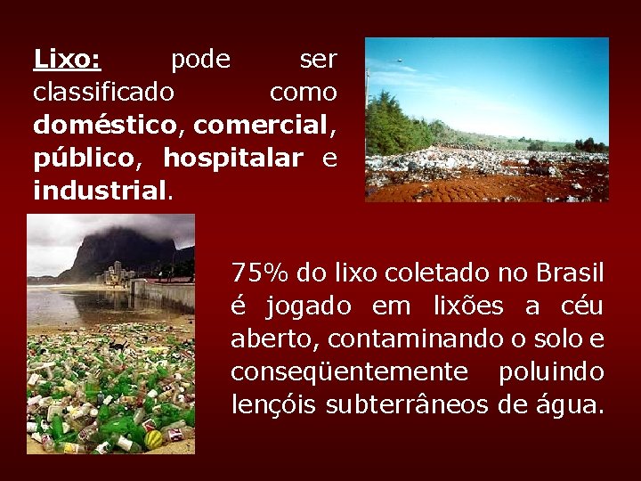Lixo: pode ser classificado como doméstico, comercial, público, hospitalar e industrial. 75% do lixo Lixo: pode ser classificado como doméstico, comercial, público, hospitalar e industrial. 75% do lixo