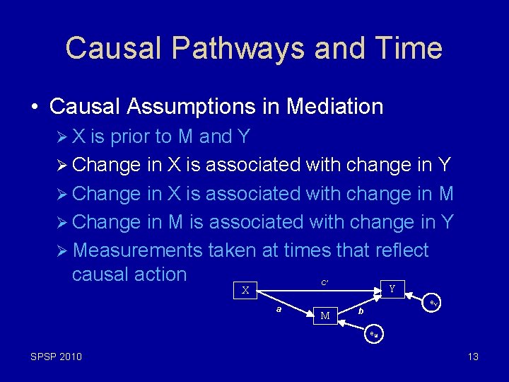 Causal Pathways and Time • Causal Assumptions in Mediation ØX is prior to M