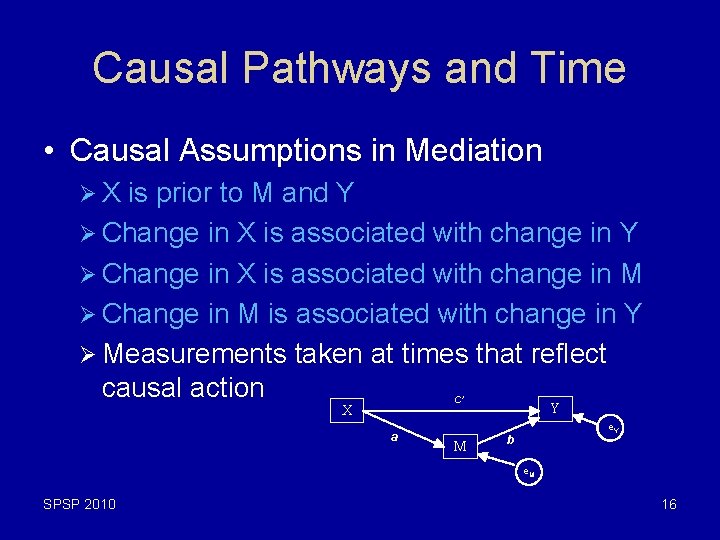 Causal Pathways and Time • Causal Assumptions in Mediation ØX is prior to M