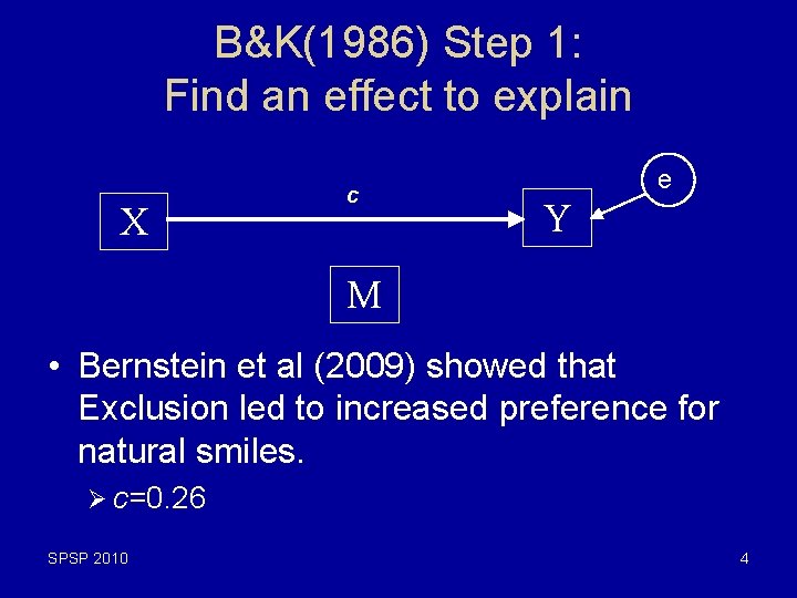 B&K(1986) Step 1: Find an effect to explain X c e Y M •