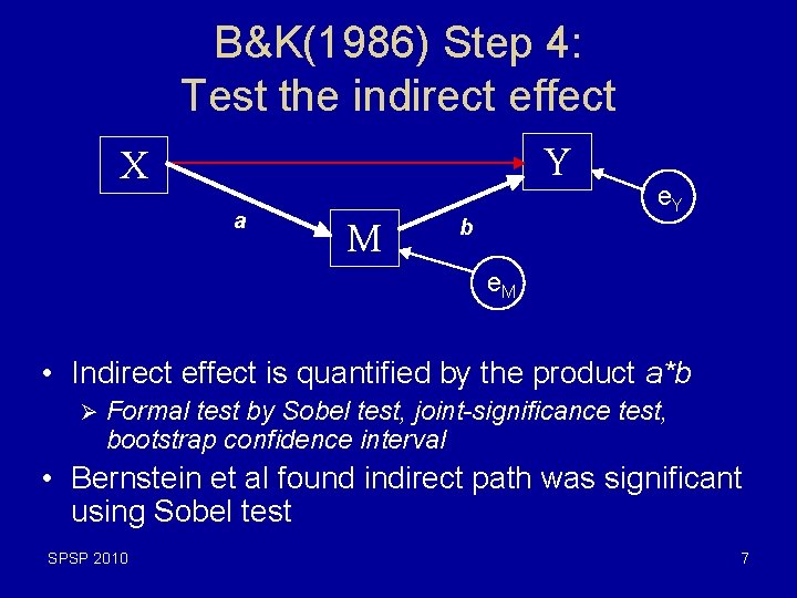 B&K(1986) Step 4: Test the indirect effect Y X a M b e. Y