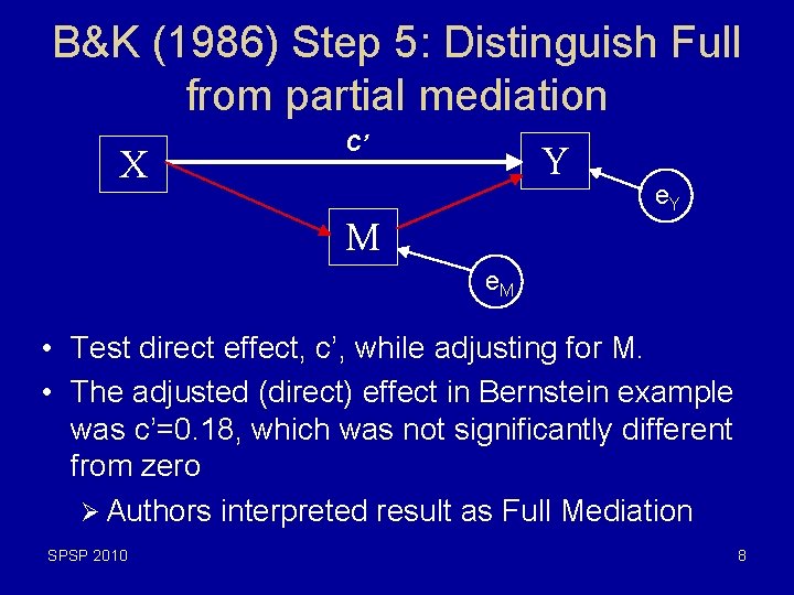 B&K (1986) Step 5: Distinguish Full from partial mediation X C’ Y e. Y