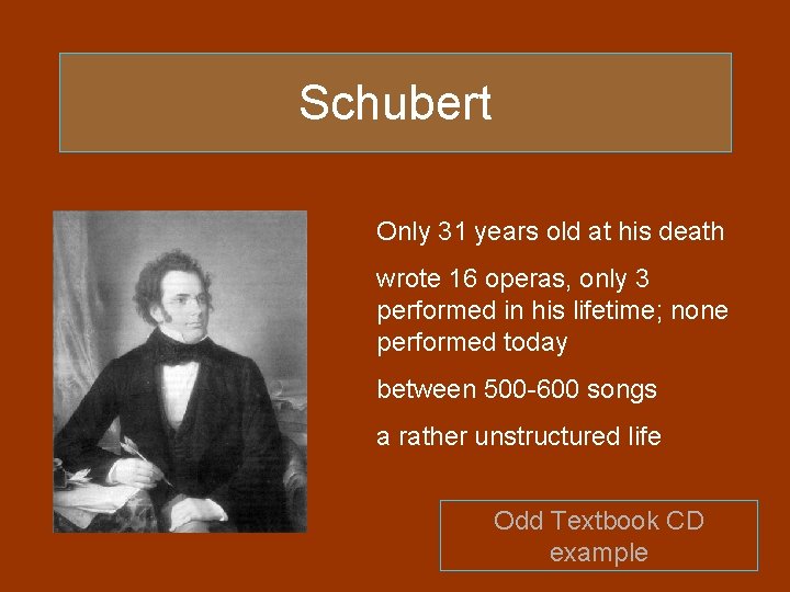 Schubert Only 31 years old at his death wrote 16 operas, only 3 performed