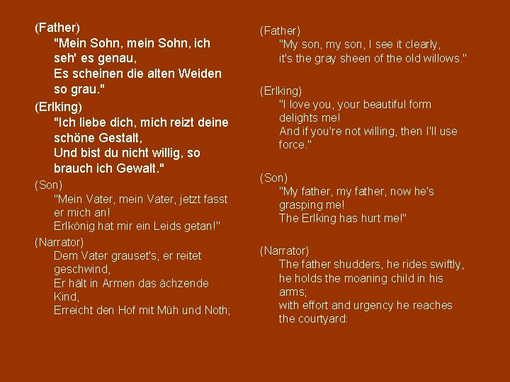 (Father) "Mein Sohn, mein Sohn, ich seh' es genau, Es scheinen die alten Weiden
