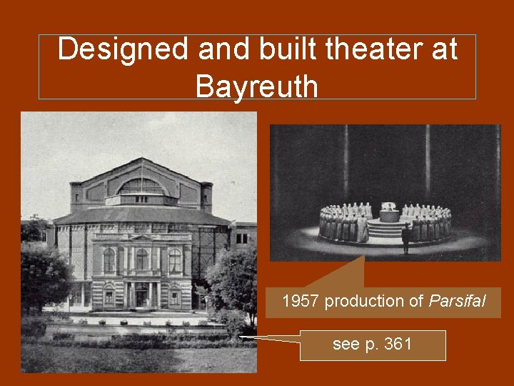 Designed and built theater at Bayreuth 1957 production of Parsifal see p. 361 