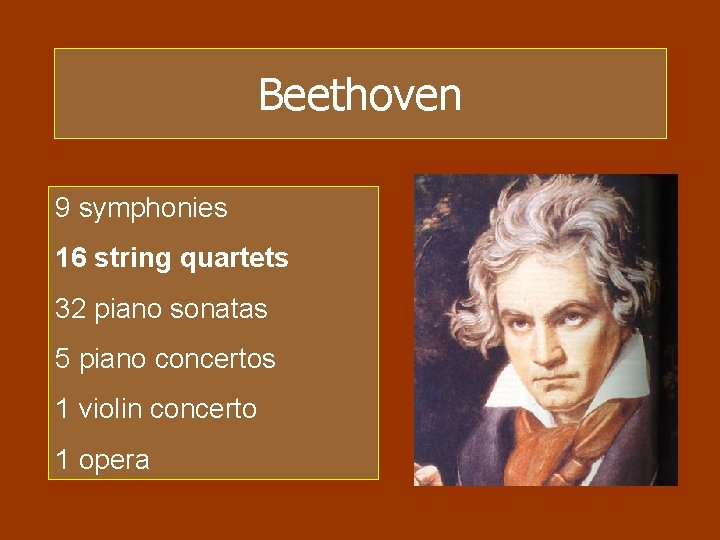 Beethoven 9 symphonies 16 string quartets 32 piano sonatas 5 piano concertos 1 violin